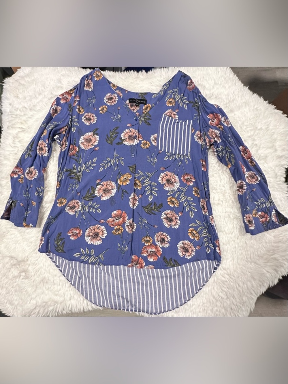 Fred David Blue Floral Button-Front Shirt with Striped Pocket